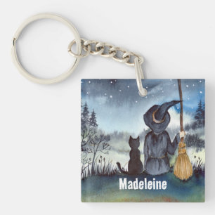 Porte-clés Halloween Chat noir et la Sorcière étoile nuit