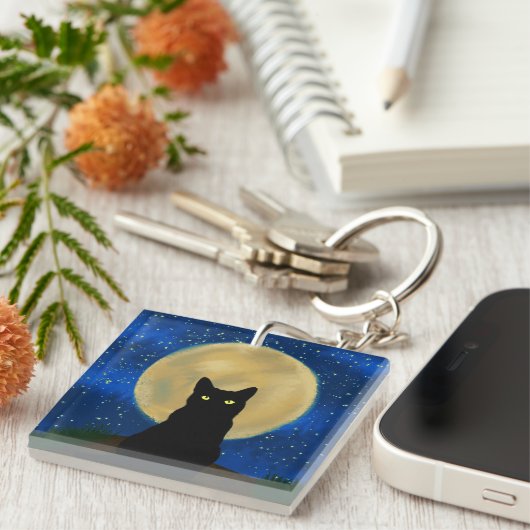 Porte-clés Halloween Chat noir Silhouette Lune (Devant Droit)