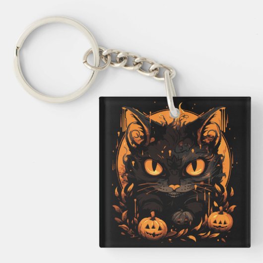 Porte-clés Halloween envoûtant : Chat noir parmi les Citrouil (Devant)