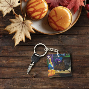 Porte-clés Halloween sorcière chat violet magie