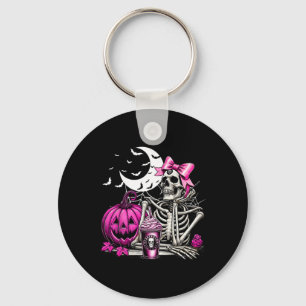 Porte-clés Halloween Squelette Boire Café Rose Coquette B