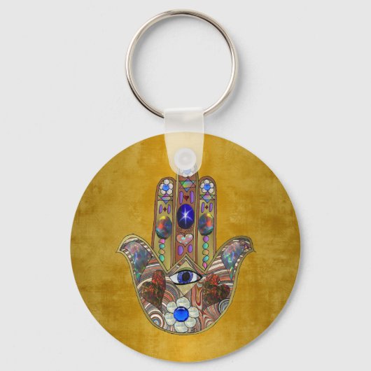 Porte-clés Hamsa Coeurs Fleurs Opal Art sur Or (Recto)