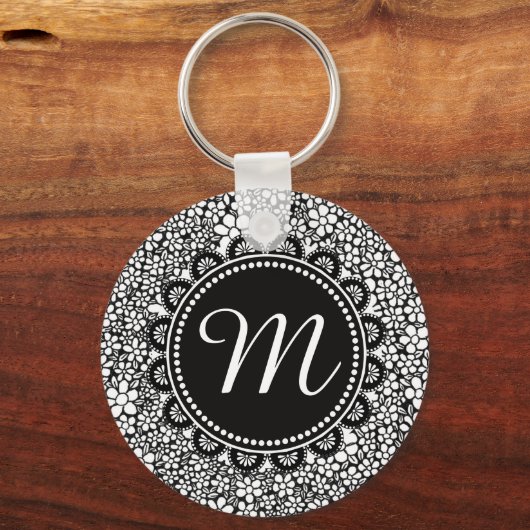 Porte-clés Hand Drawn Black and White Flower Pattern Monogram (Recto)