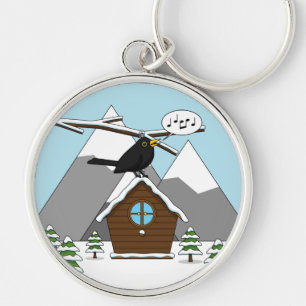 Porte-clés Happy Blackbird chanter dans le paysage hivernal