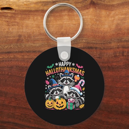 Porte-clés Happy Hallothanksmas Raccoon Halloween Merry Chris (Recto)