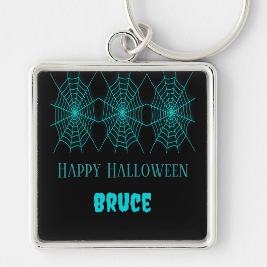 Porte-clés Happy Halloween neon bleu spiderweb noir (Devant)