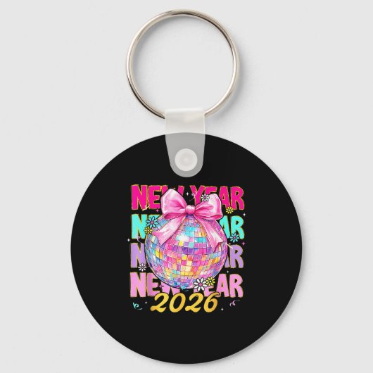 Porte-clés Happy New Year 2026 Coquette Bow & Disco Ball (Recto)