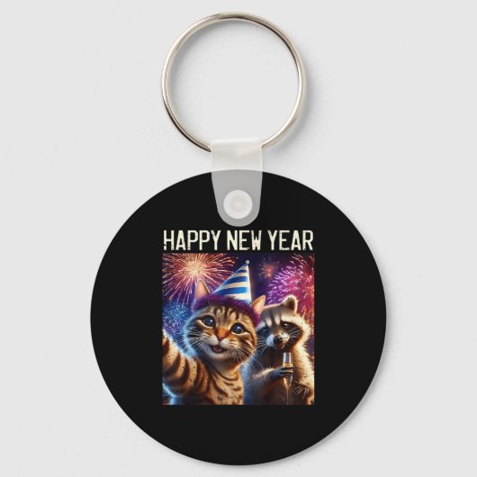 Porte-clés Happy New Year 2026 Cute Cat Raccoon Celebration  (Recto)