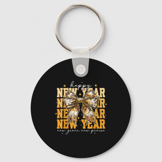 Porte-clés Happy New Year 2026 Gold Coquette Bow Disco Ball C (Recto)
