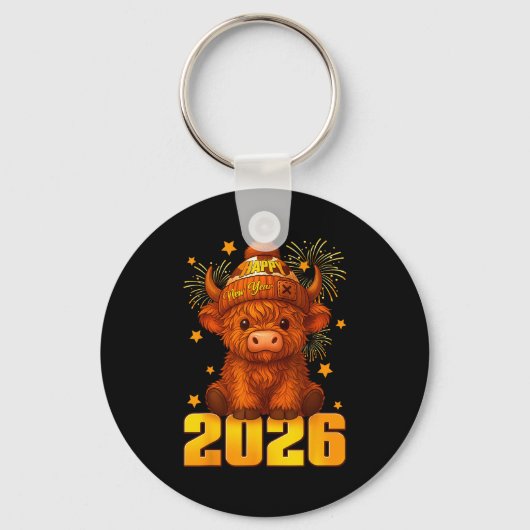 Porte-clés Happy New Year 2026 Highland Cow & Party Hat N (Recto)