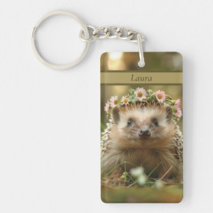 Porte-clés Hérisson mignon avec une couronne de fleurs
