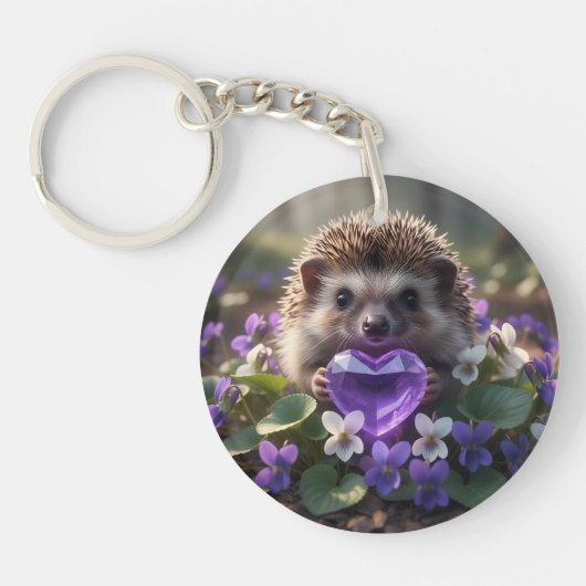 Porte-clés Hérisson mignon de février avec un cœur d'améthyst (Devant)