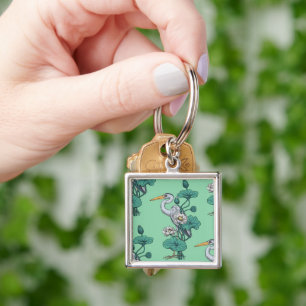 Porte-clés Héron dans le jardin de lotus blanc sur jade