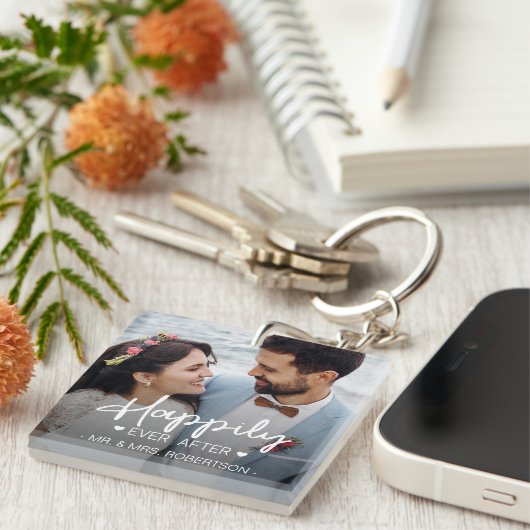 Porte-clés Heureux après mariage photo personnalisée (Devant Droit)
