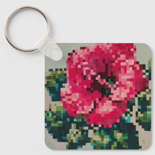 Porte-clés Hibiscus pixel art rose vibrant (Recto)