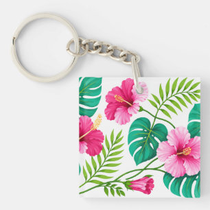 Porte-clés Hibiscus rose tropical et feuilles de Monstera