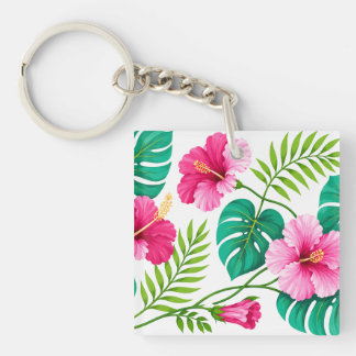 Porte-clés Hibiscus rose tropical et feuilles de Monstera
