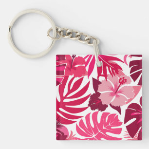 Porte-clés Hibiscus rose tropical et Motif Feuille de Monster