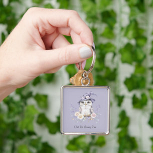 Porte-clés Hibou Blanc Chapeau Violet Fleurs Jolis