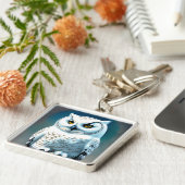 Porte-clés hibou enneigé Art Déco blanc (Côté)