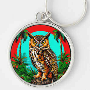 Porte-clés 🦉 Hibou perché sur un rocher Scène tropicale🦉