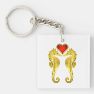 Porte-clés Hippocampe d'or marin Céleste coeur rouge/noir