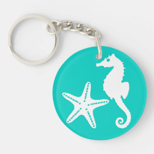 Porte-clés Hippocampe et étoile de mer - blanc sur turquoise