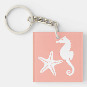Porte-clés Hippocampe et étoiles de mer - Corail clair rose