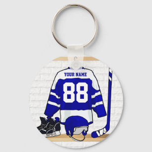 Porte-clés Hockey sur glace bleu et blanc personnalisé Jerse