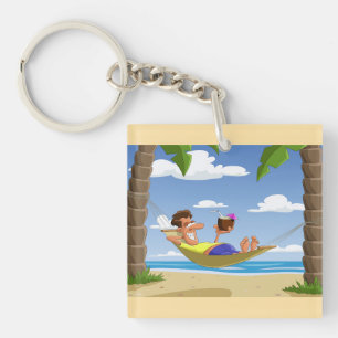 Porte-clés Homme drôle se relaxant dans un hamac de plage
