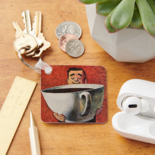 Porte-clés Homme heureux vintage buvant une tasse géante de c