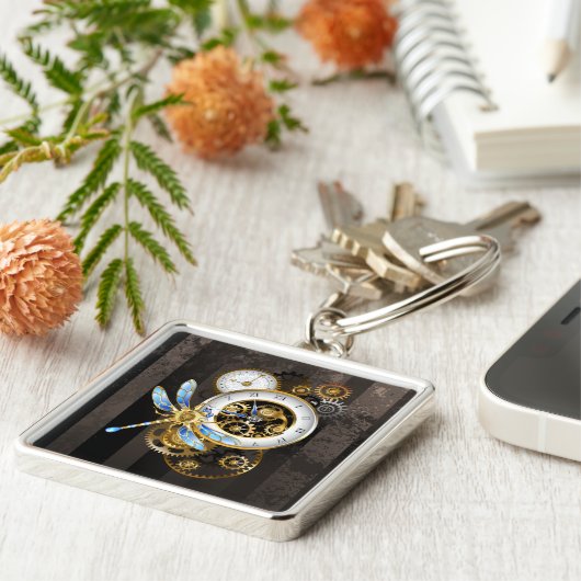 Porte-clés Horloge à vapeur avec libellule mécanique (Côté)