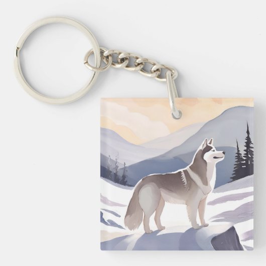 Porte-clés Husky d'Alaska | Aquarelle Dog Mountain (Devant)