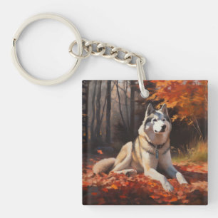 Porte-clés Husky sibérien dans les feuilles d'automne qui tom