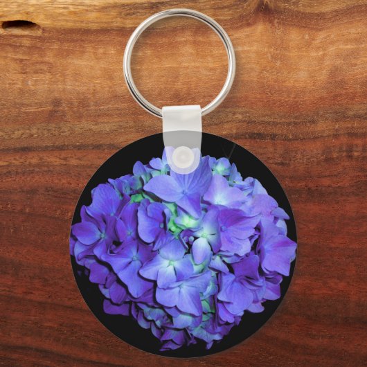 Porte-clés Hydrangée violette et turquoise, fleurs bleu viole (Recto)