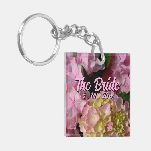 Porte-clés Hydrangées roses et crème pour la mariée (Devant gauche)