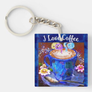 Porte-clés I Love Coffee Whimsical Abstrait Peinture Florale