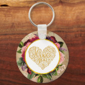 Porte-clés I Love You Fancy Golden Heart with Floral Frame (Recto)