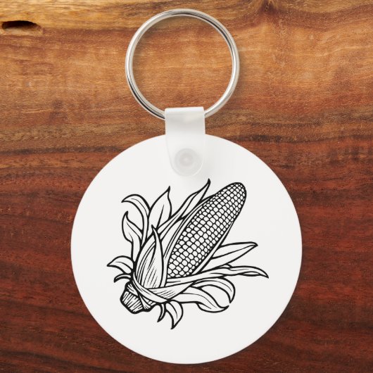 Porte-clés Icône de côte de maïs noir et blanc avec feuille (Recto)