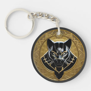 Porte-clés Icône de la Panthère noire avec fond géométrique d
