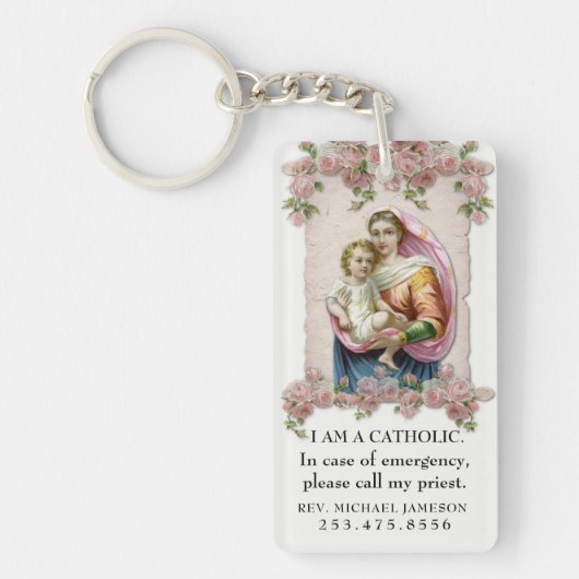 Porte-clés ID catholique Vierge Marie Bébé Jésus Roses roses  (Devant)