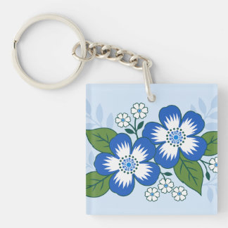 Porte-clés Illustration botanique florale bleue et blanche