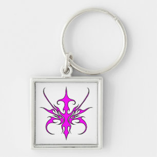 Porte-clés Illustration d'art linéaire tribal rose et noir fé