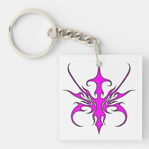 Porte-clés Illustration d'art linéaire tribal rose et noir fé