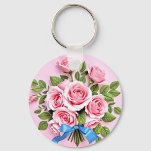 Porte-clés Illustration de bouquet de roses roses avec ruban