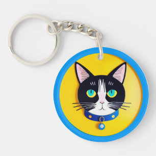 Porte-clés Illustration de chat noir et blanc avec des yeux b