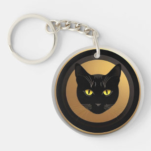 Porte-clés Illustration de chat noir sur cercle doré