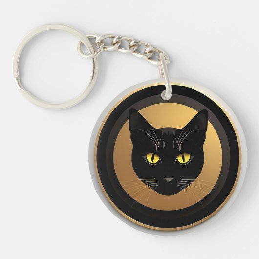 Porte-clés Illustration de chat noir sur cercle doré (Devant)