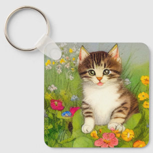 Porte-clés Illustration de chat souriant vintage