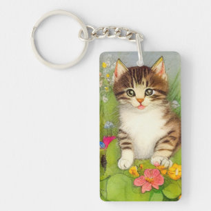 Porte-clés Illustration de chat souriant vintage